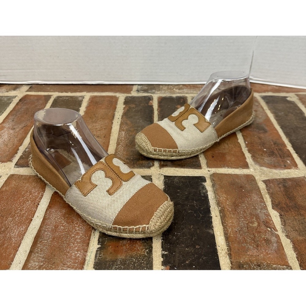 Tory Burch Espadrille Flats Tan & Cream Canvas‎ Slip-On Shoes Size 8 M